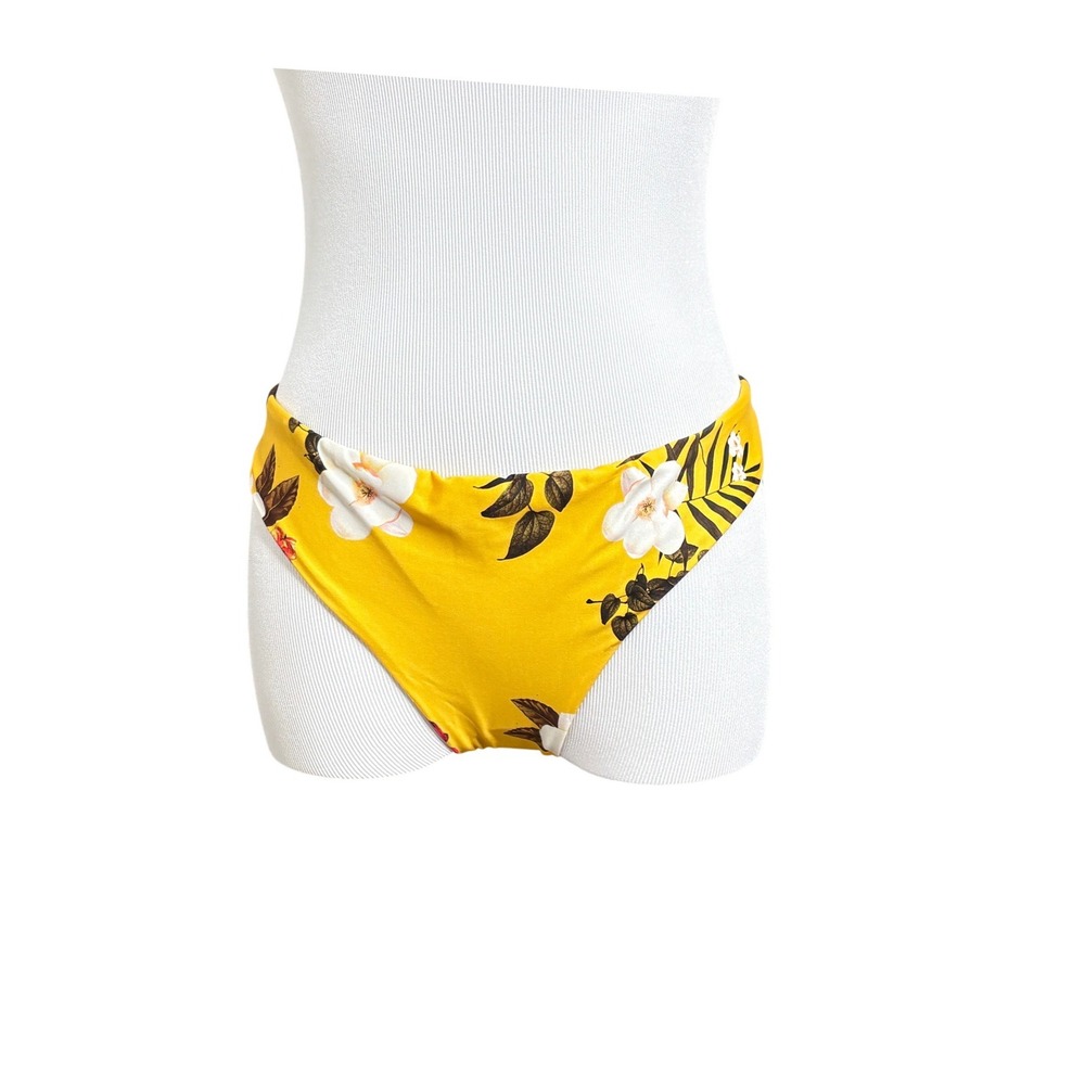 Agua Bendita Lola Clementine Yellow Floral Reversible Bikini Swim Bottom LARGE